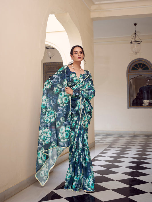 Navy Blue Color Floral Printed With Peral Lace Border Weightless Marbal Saree