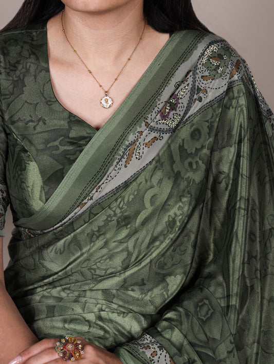 Mehendi Color Printed Crepe Saree