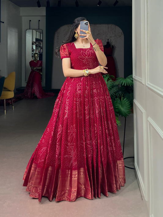 Bandej Print Long Dress With Zari Bordar