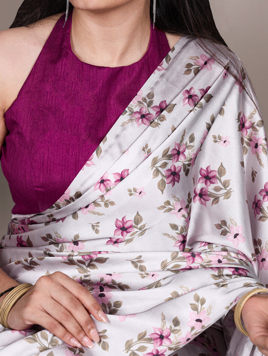 Silver Color Printed Satin Silk Saree