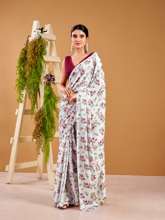 Silver Color Printed Satin Silk Saree