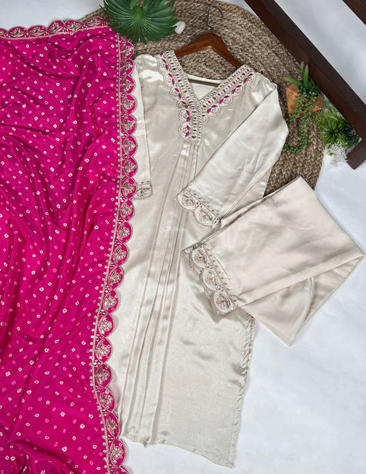 Cream Color Sequince And Thread Embroidery Work Moonga Silk Salwar Suit