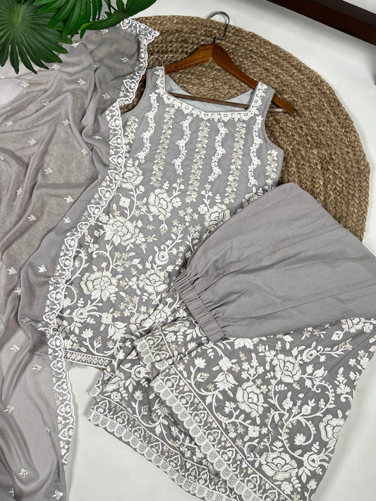 Grey Color Sequince And Thread embroidery Work Star Georgette Salwar Suit