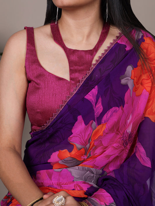 Purple Color Floral Print With Lace Border Weightless Marbel Saree