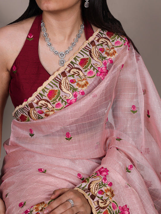 Light Pink Color Thread Embroidery Work Zari Kota Tissue Saree