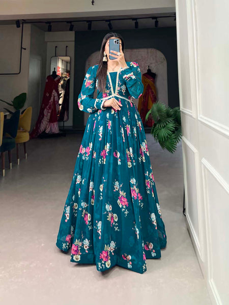 Firozi Color Floral Print With Lace Border Georgette Dress M Size Firozi Color Floral Print With Lace Border Georgette Dress M Size