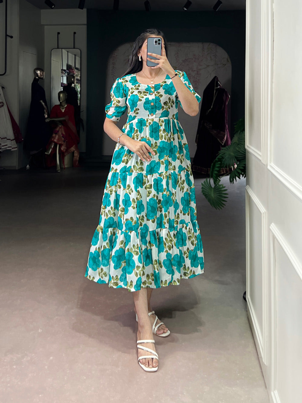 Firozi Color Printed Vichitra Silk Fancy Gown