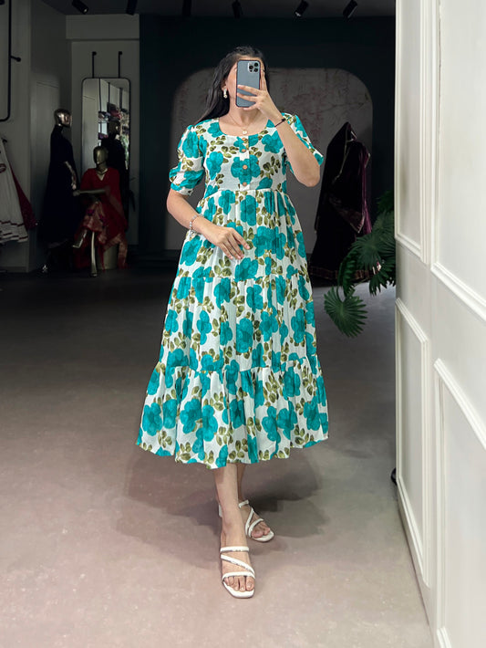 Firozi Color Printed Vichitra Silk Fancy Gown
