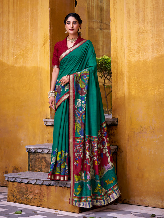 Firozi Color Kalamkari Print With Zari Weaving Work Polyester Viscose Chanderi Saree