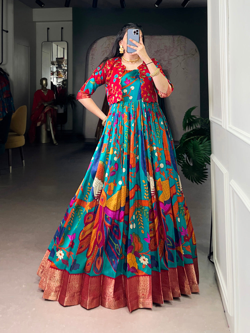 Firozi Color Kamamkari Print With Zari Weaving Work Tasar Silk Gown