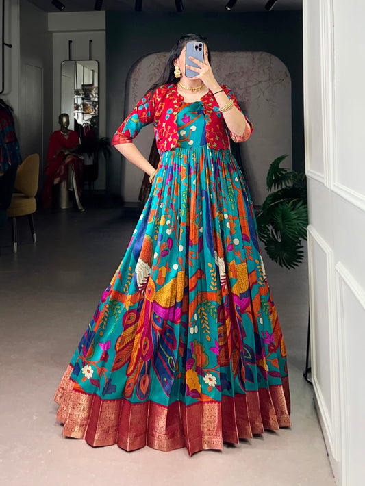 Firozi Color Kamamkari Print With Zari Weaving Work Tasar Silk Gown