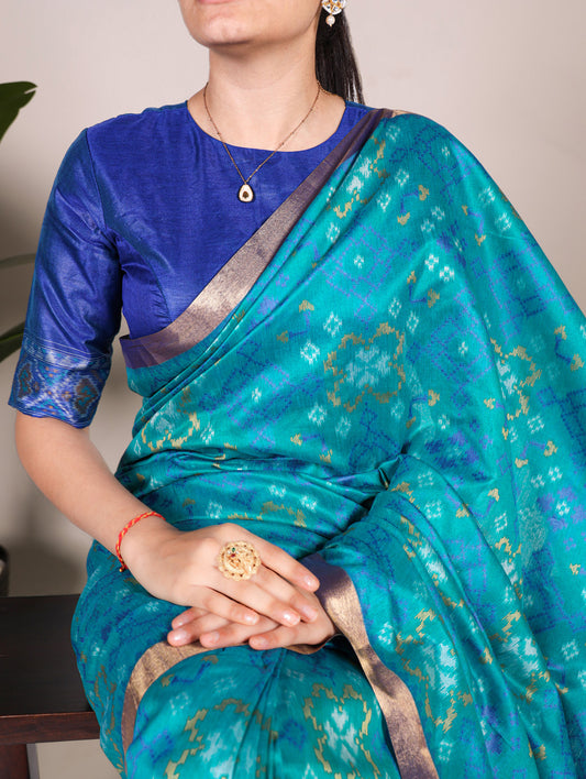 Firozi Color Patola Print With Zari Weaving Work Jacquard Silk Saree