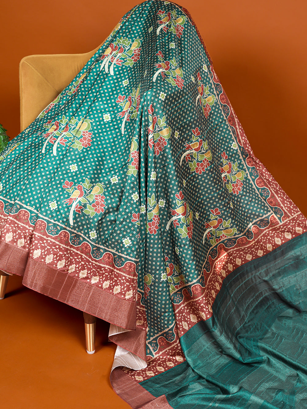 Firozi Color Digital Printed Handloom Kotha Border Saree
