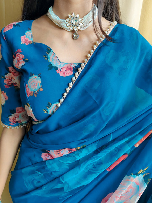 Firozi Color Printed With Peral Lace Border Georgette Stylist Saree