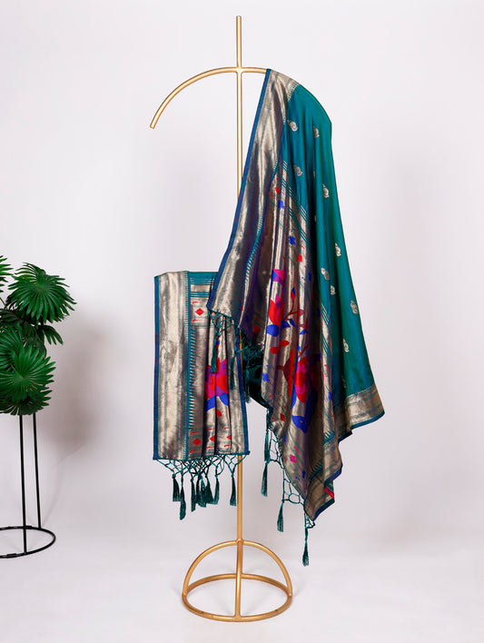 Firozi Color Zari Weaving Paithani Dupatta