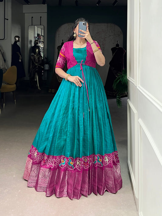 Firozi Color Patola Print With Weaving Work Border Tasar Chex Gown By Yana Fab