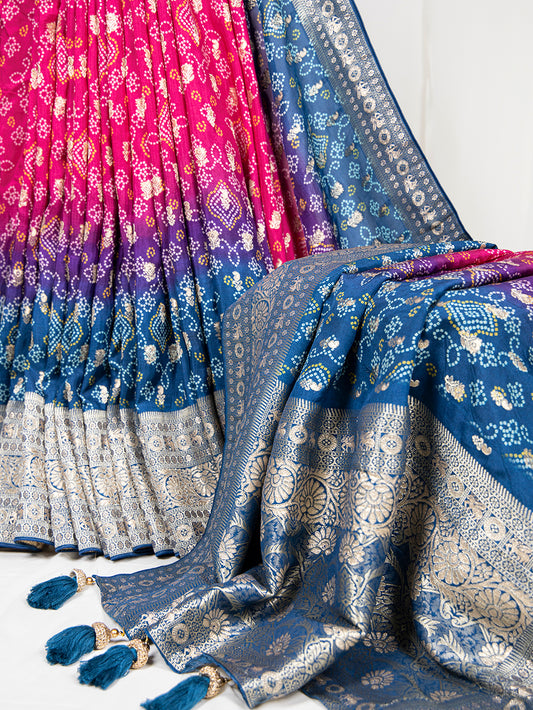 Firozi Color Bandhej Printed And Weaving Work Viscose Gujrati Saree