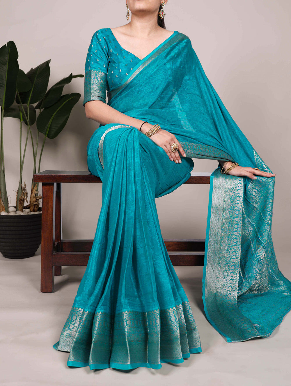 Firozi Color Self Printed With Zari Weaving Work Chinon Saree