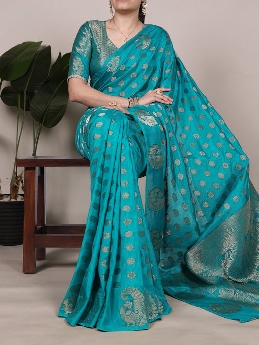 Firozi Color Zari Weaving Work Roop Silk Saree