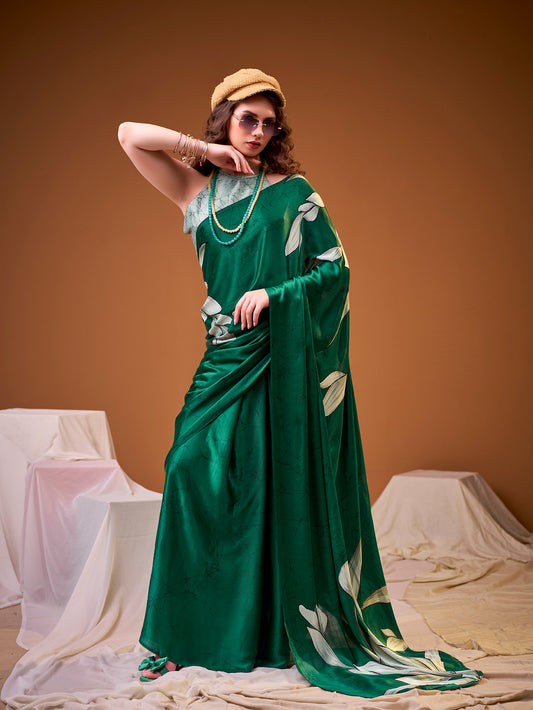 Green Color Floral Print Satin Silk Saree
