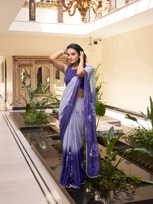 Purple Color Floral Printed With Weightless Marbal saree