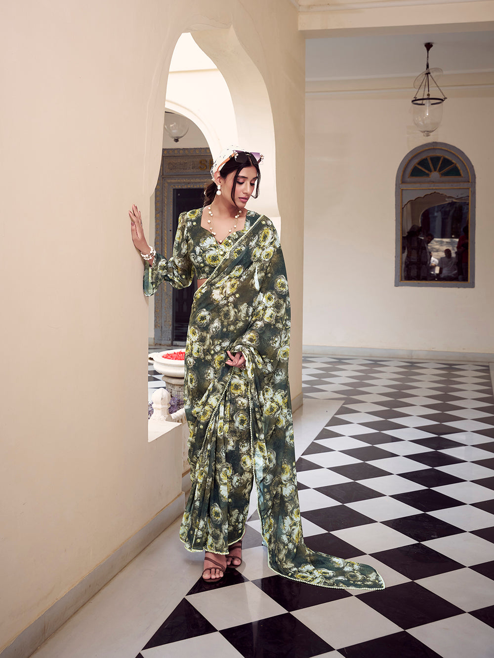 Mehandi Color Floral Printed With Peral Lace Border Weightless Marbal Saree