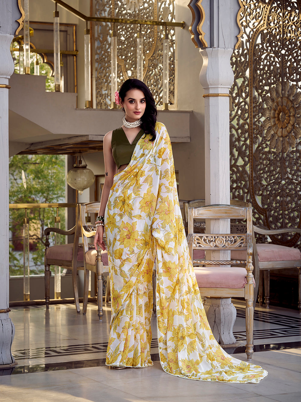 Yellow Color Floral Print With Peral Lace Border Weightless Marbal Saree