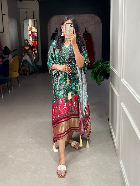 Green Color Digital Printed Gaji Silk Kaftan