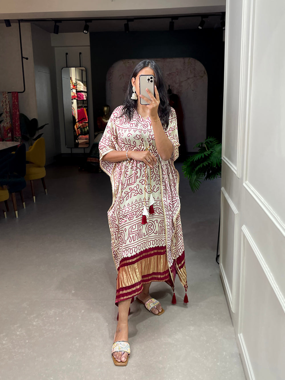 White Color Bandhej Print With Gotta Patti Lace Border Gaji Silk Kaftan