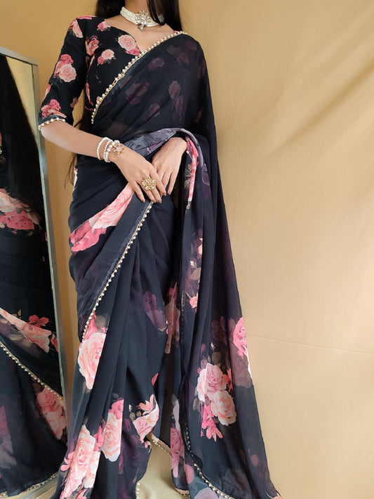 Black Color printed With Peral Lace Border Georgette Saree