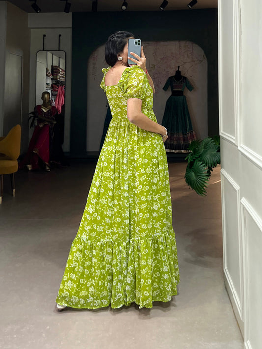 Parrot Color Floral Printed Georgette Long Dress