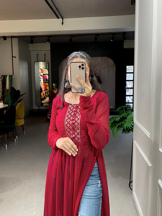 Red Color Sequins Embroidery Work Georgette Kurti