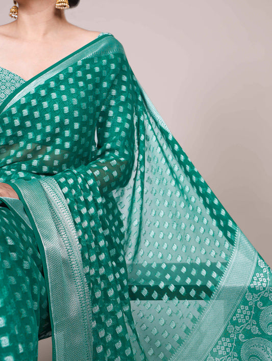 Teal Color Zari Weaving Work (Viscose Border) Nylon Georgette Saree