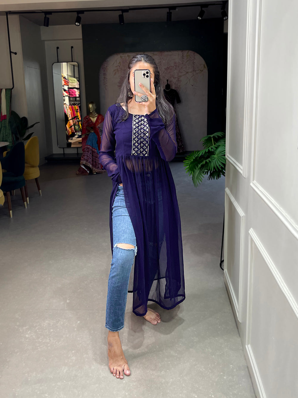 Navy Blue Color Sequins Embroidery Work Georgette Kurti