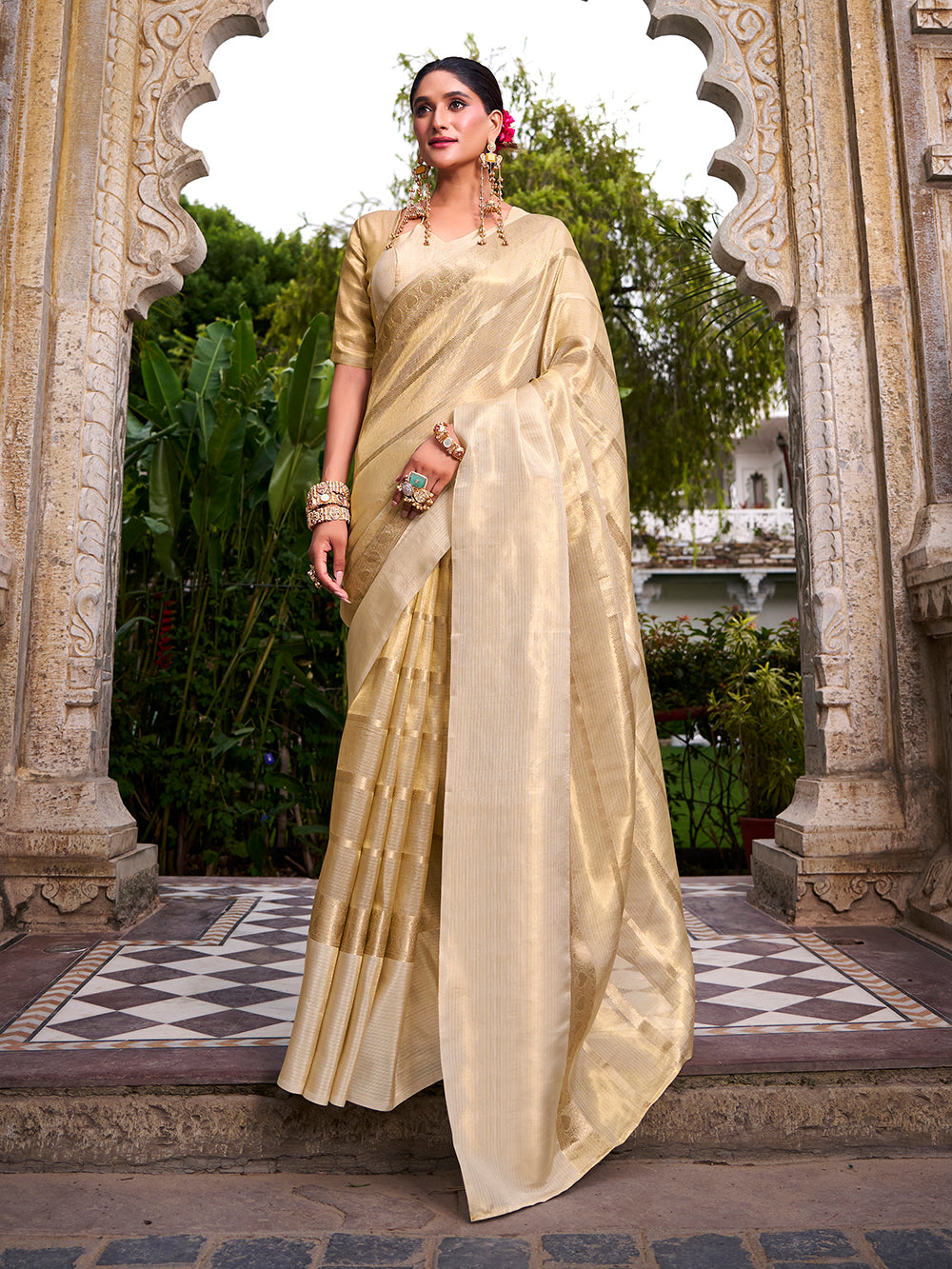 Off White Color Zari Weaving Work Gold Tissue Saree