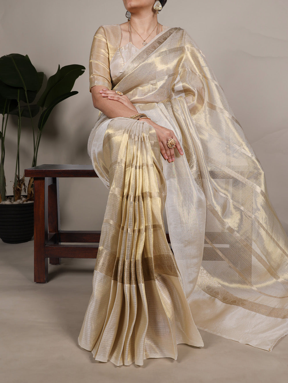Off White Color Zari Weaving Work Gold Tissue Saree