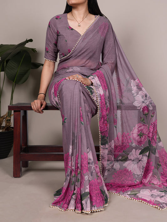 Gray Color Weightless Marbel Fancy Saree