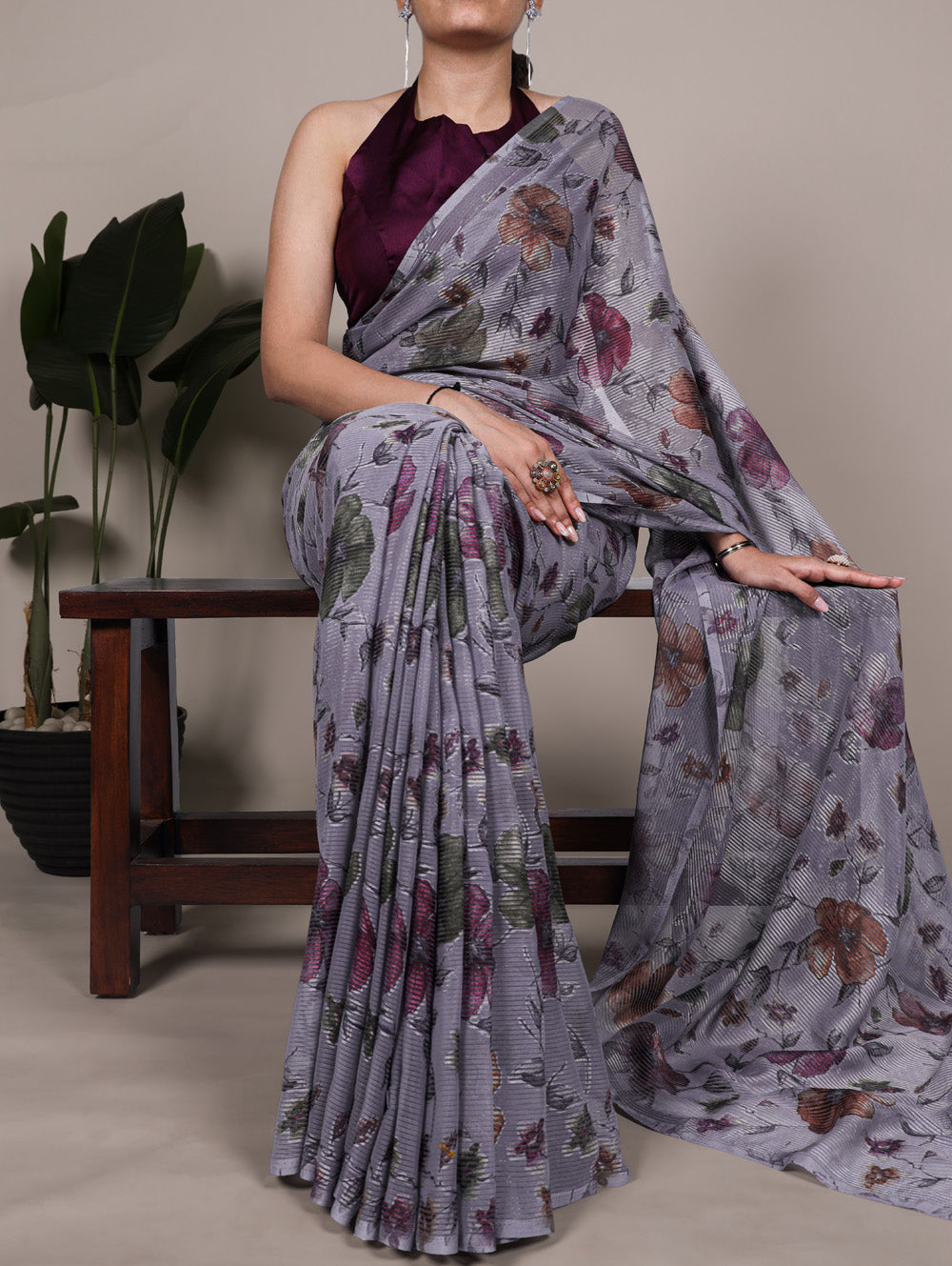 Grey Color Floral Viscose Lurex Brasso Saree