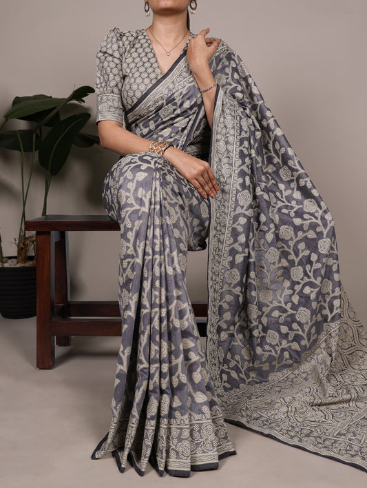 Grey Color Printed Cotton Silk Saree