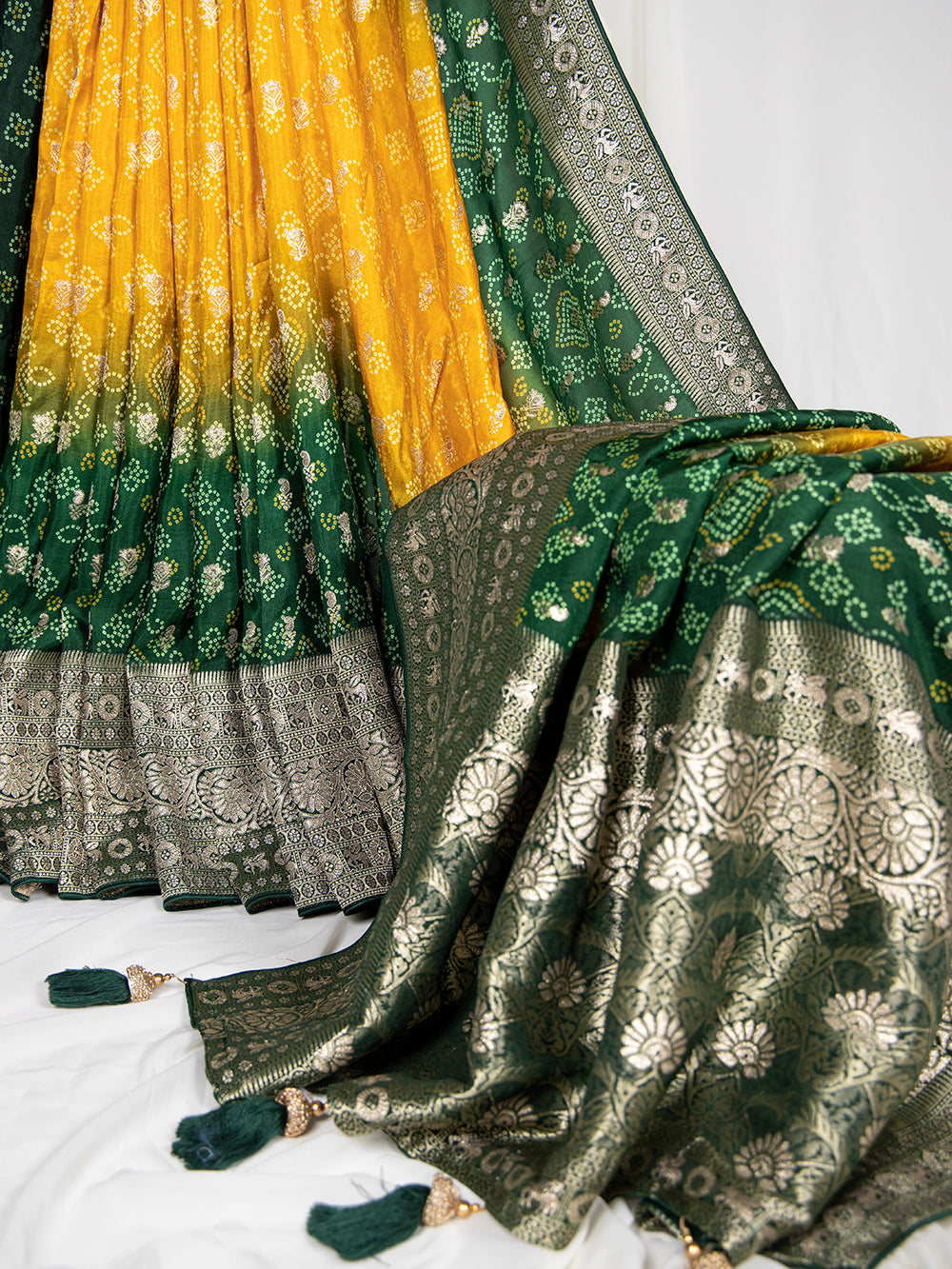 Green Color Bandhej Printed And Weaving Work Viscose Saree