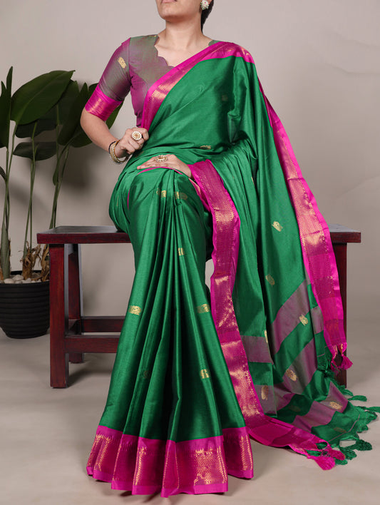 Green Color Weaving Work With Paithani Concept Cotton Silk Saree