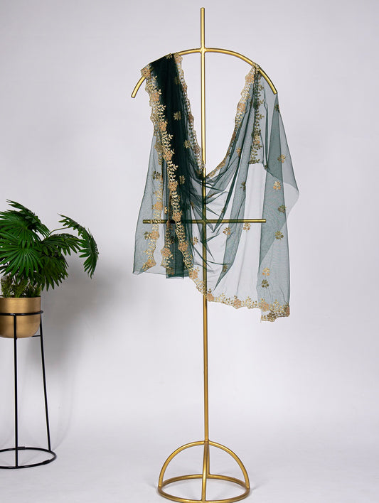 Green Color Embroidery Cut Work and Stone Work Net Dupatta