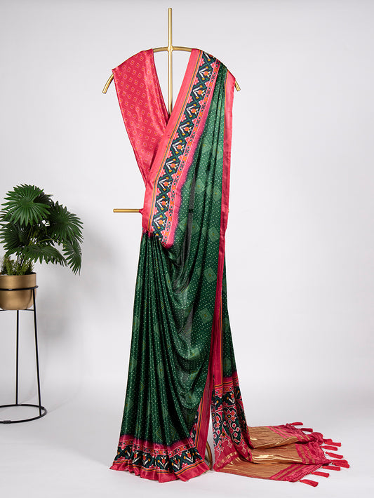 Green Color Bandhej With Patola Print And Lagadi Patta Gaji Silk Saree