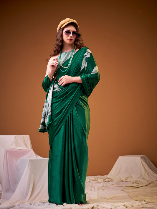 Green Color Floral Print Satin Silk Saree