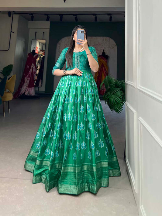 Green Color Printed With Zari Border Dola Silk Dress