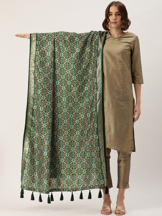 Green Color Patola Print With Foil Work Also Comes With Tassels Tussar Silk Dupatta