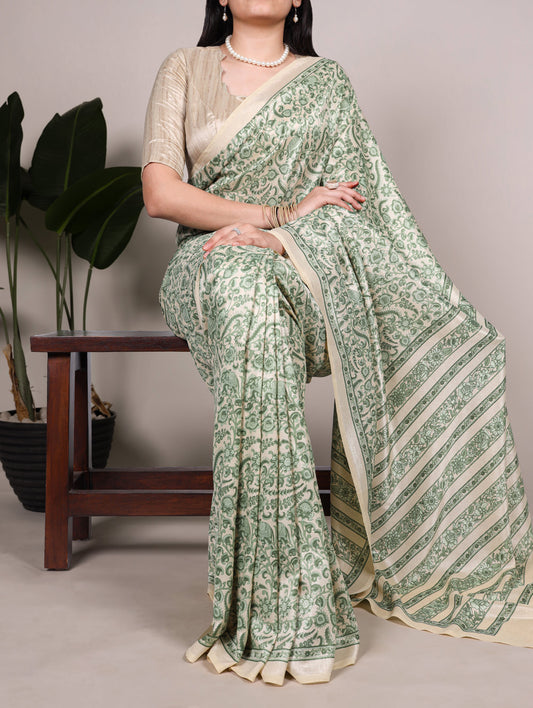 Green Color Printed Tasar Silk Saree