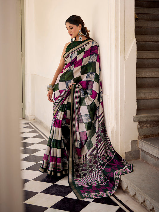 Green Color Printed With Temple Border Polyester Viscose Chanderi Saree