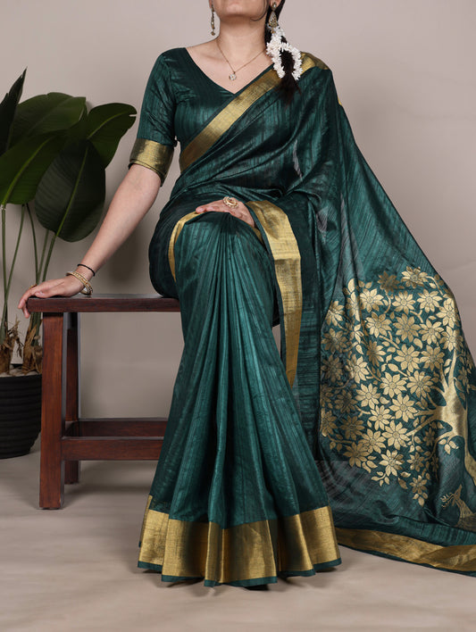Green Color Zari weaving Work Raw Silk Saree
