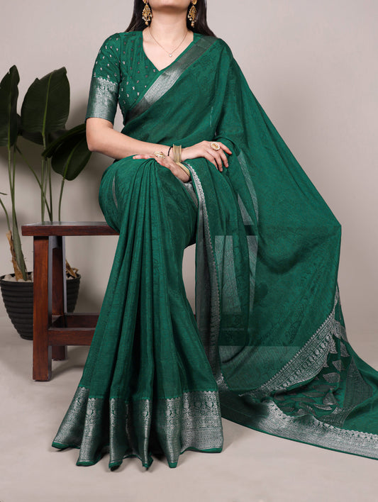 Green Color Self Printted With Zari Weaving Work Chinon saree